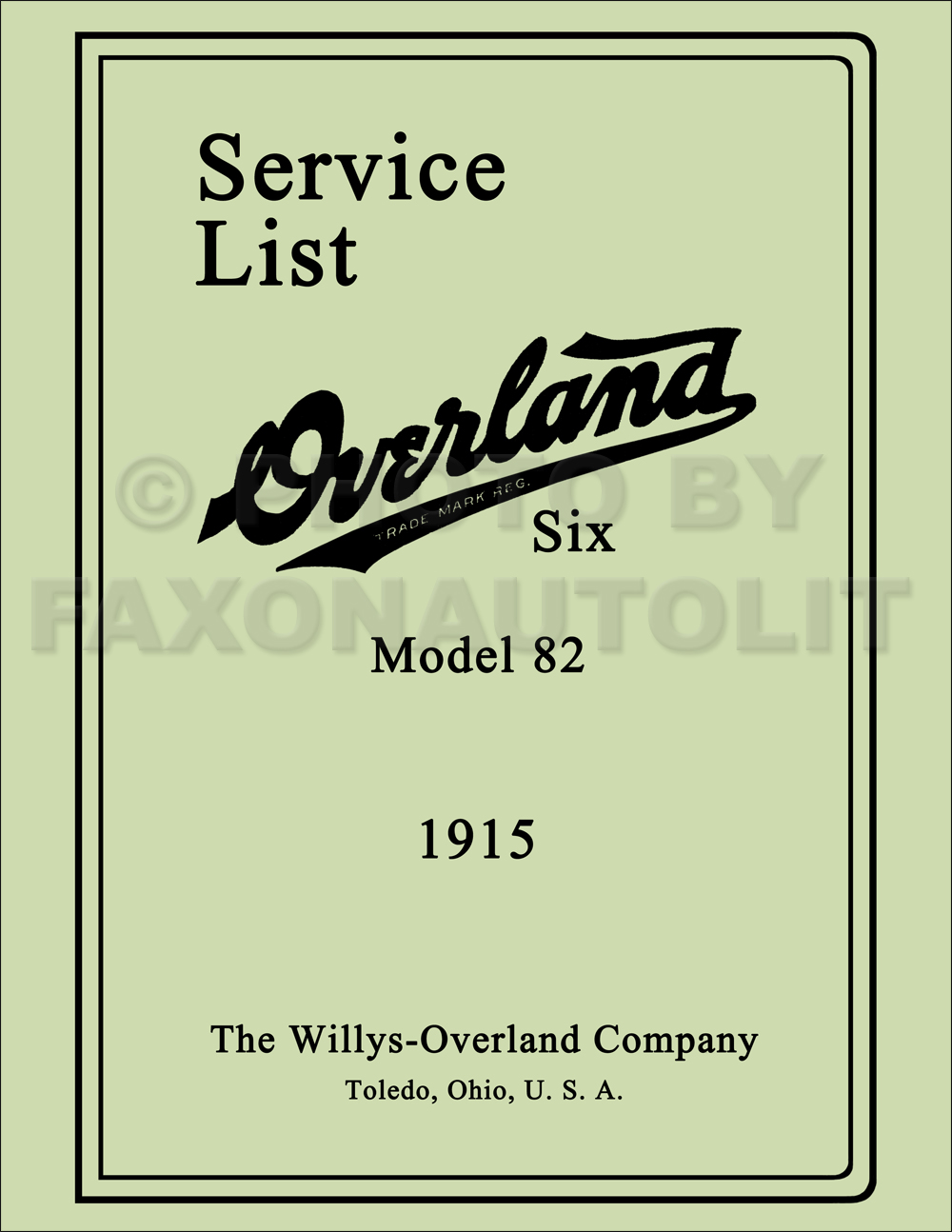1915 Willys Overland Six Model 82 Parts Book Reprint
