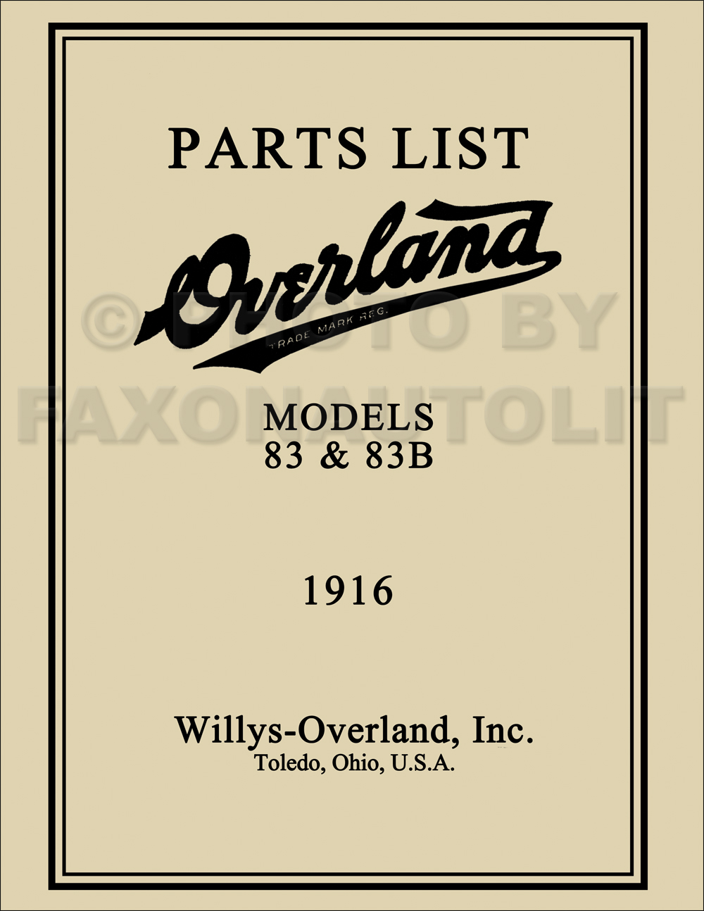 1916 Willys Overland 83 and 83B Parts Book Reprint