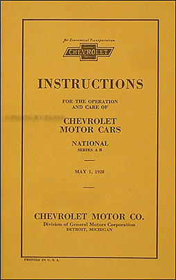 1928 Chevrolet Car Owner's Manual Reprint