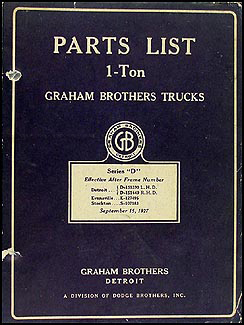 1928 Graham Brothers 1-Ton Truck Parts Book Original