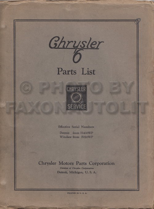 1930 Chrysler CJ-6 Original Parts Book