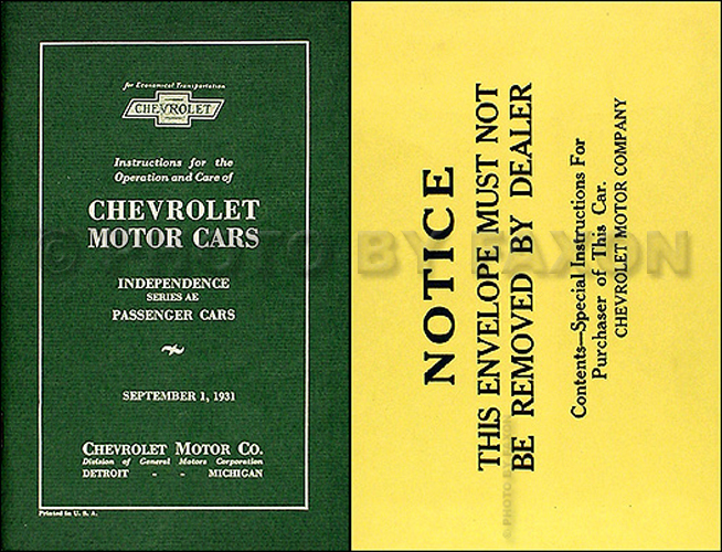 1931 Chevrolet Car Reprint Owner's Manual Package