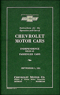 1931 Chevrolet Car Reprint Owner's Manual