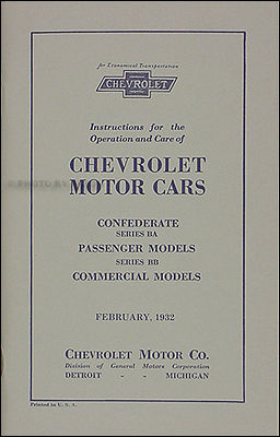 1932 Chevrolet Car & Truck Reprint Owner's Manual