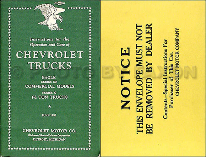 1933 Chevrolet Pickup & Truck Reprint Owner's Manual Package