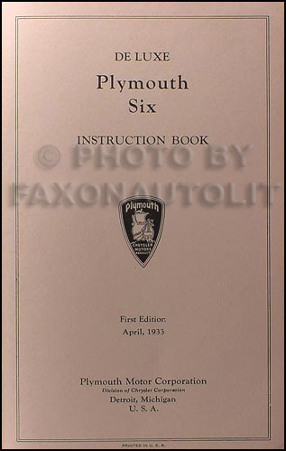 1933 Plymouth PD Reprint Owner's Manual with Repair Info
