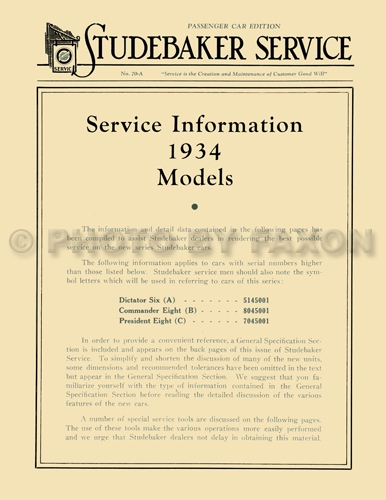 1934 Studebaker Service Manual Reprint Dictator Commander President