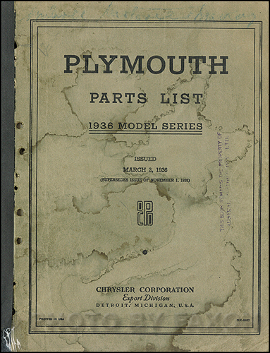 1936 Plymouth Export Parts Book Original