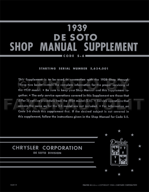 1939 DeSoto Shop Manual Supplement Reprint
