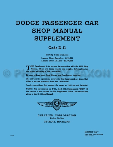 1939 Dodge Car Shop Manual Reprint Supplement 