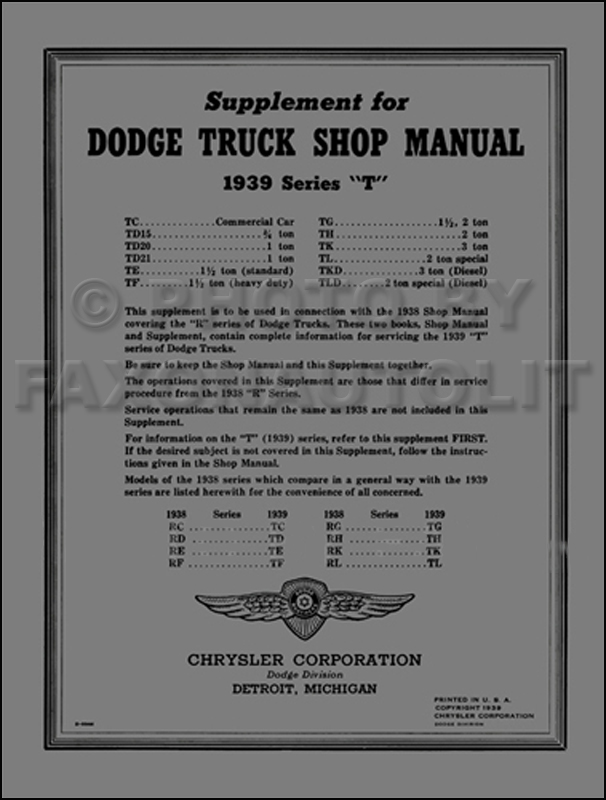 1939 Dodge Pickup & Truck Shop Manual Reprint Supplement 39