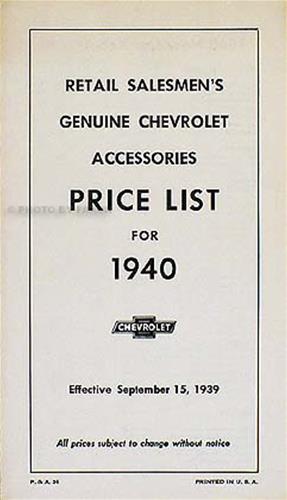 1940 Chevrolet Car Accessory Price List Reprint 