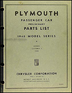 1940 Plymouth Car Preliminary Original Parts Book