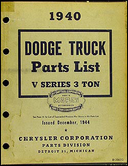 1940 Dodge 3 Ton Truck Parts Book Original Series VK, VKD, VL, & VLD