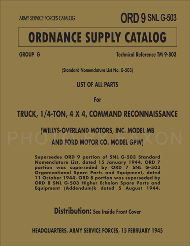 1941-1945 Jeep Parts Book Reprint Ford GPW Willys MB Military SNLG503