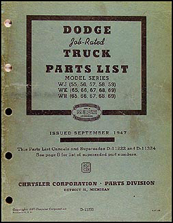 1946-1947 Dodge 2.5-3 ton Truck Parts Book Original WJ, WK, WR