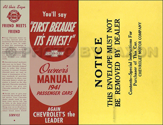 1941 Chevrolet Car Reprint Owner's Manual Package