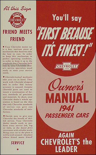 1941 Chevrolet Car Reprint Owner's Manual 41 Chevy