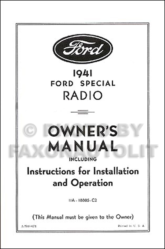 1941 Ford Radio Reprint Owner's Manual with Installation Instructions