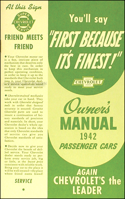 1942 Chevrolet Car Reprint Owner's Manual 42 Chevy
