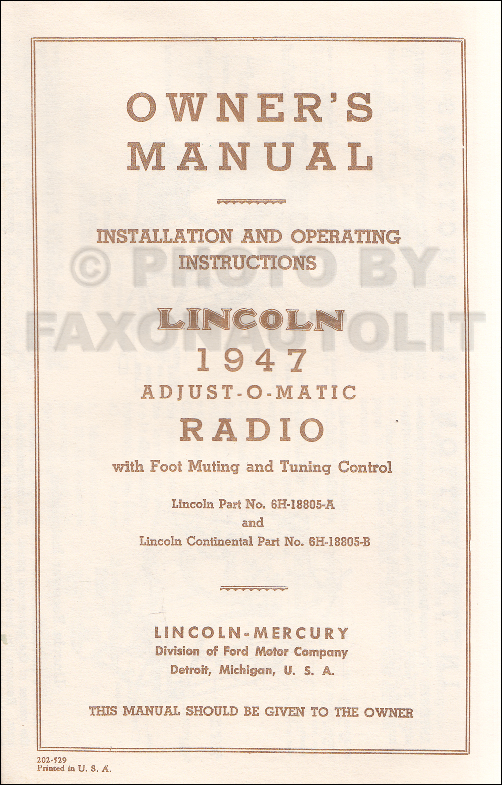 1947 Lincoln Radio Installation and Owner Operating Manual Reprint