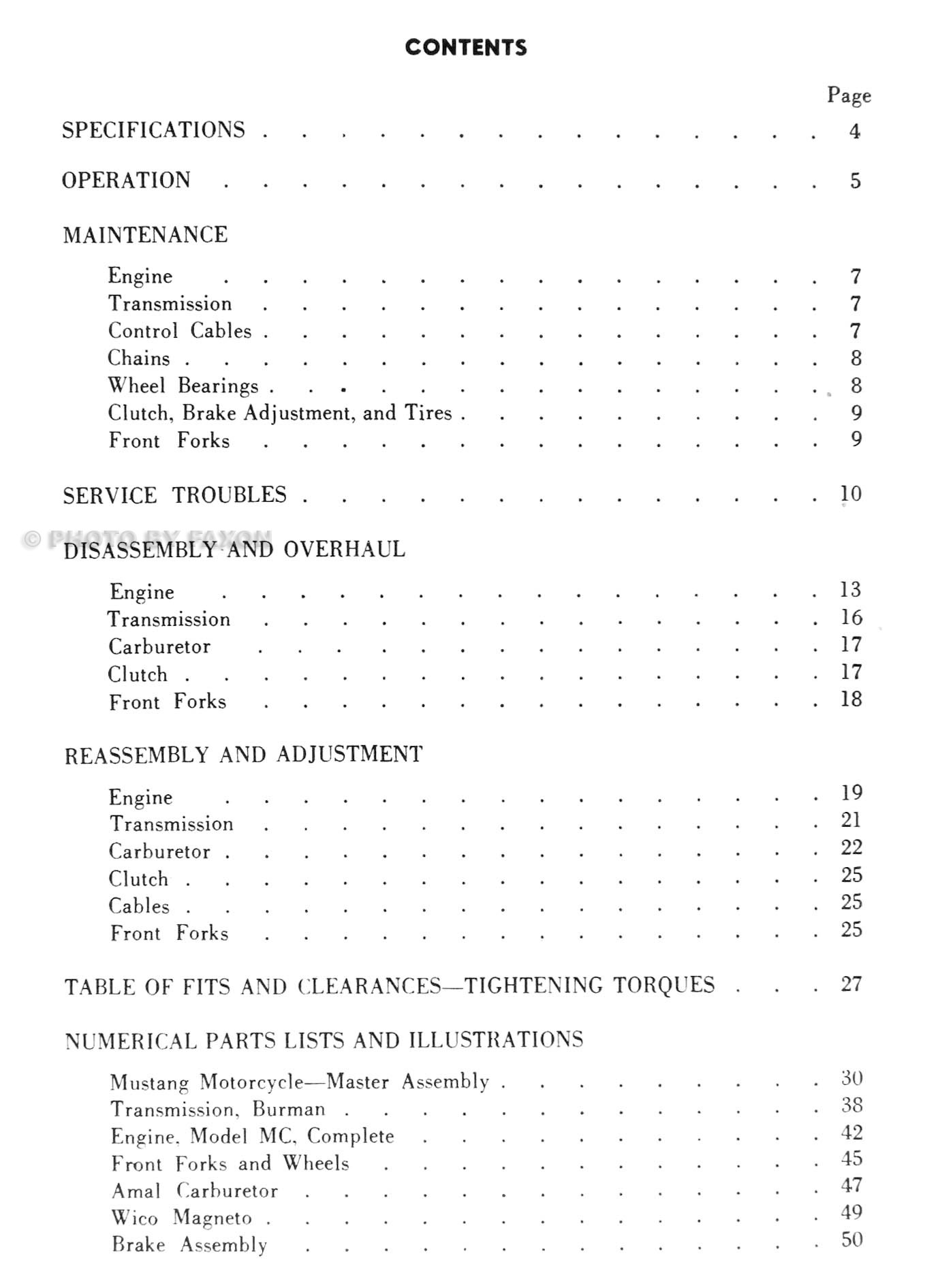 Onwer's Manual Table of Contents