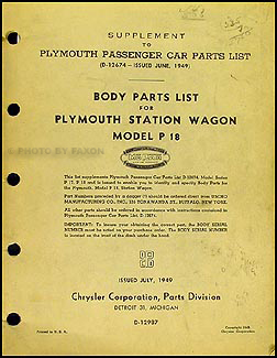 1949 Plymouth Woody Station Wagon Parts Book Original Supplement