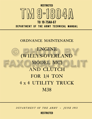 1950-1952 Jeep M38 Engine and Clutch Rebuild Manual Reprint TM91804A