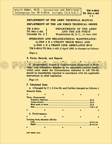 1952-1958 Jeep M38A1 Military Repair Manual Update Reprint
