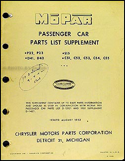 1952 Mopar Parts Book Supplement Original