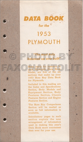 1953 Plymouth Data Book Original