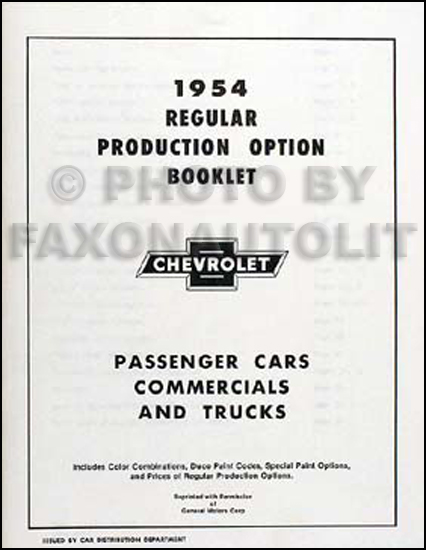 1954 Chevrolet Reprint Options RPO Book 54 Car, Corvette, Truck