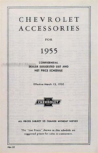 1955 Chevrolet Accessory Price List Reprint