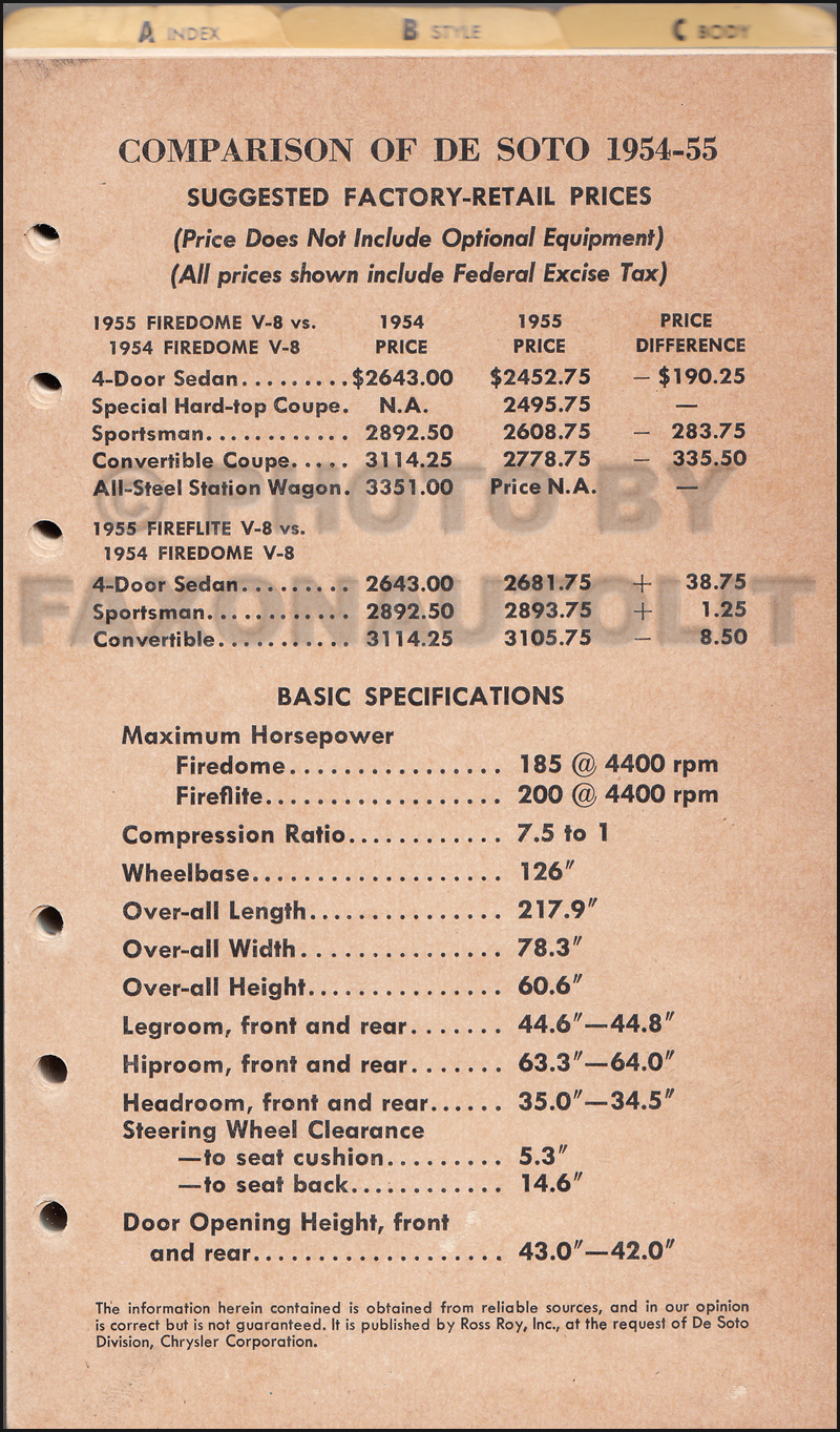 1955 Desoto Data Book Original