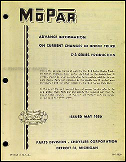 1956 Dodge Truck Original Parts Book Mid-Year Supplement