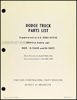 1954-1957 Dodge T436 Post Office Vehicle Parts Book Original Supp.