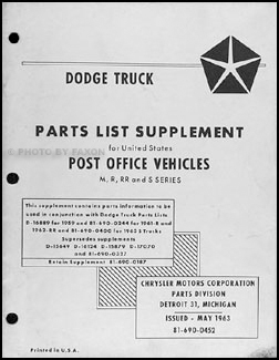 1959-1963 Dodge Post Office Vehicles Parts Book Original Supplement