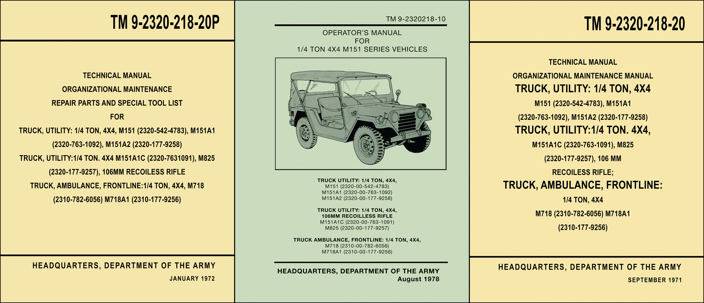 1960-1978 Jeep M151 Military 3 Book Set Reprint Mutt Operator, Shop Manual and Parts Book
