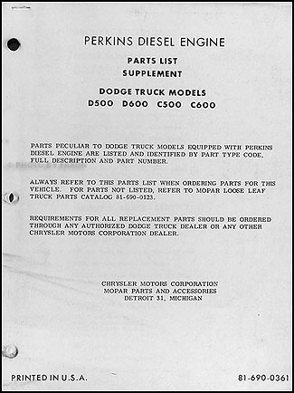 1960 Dodge Perkins Diesel Engine Parts List Original Supplement 