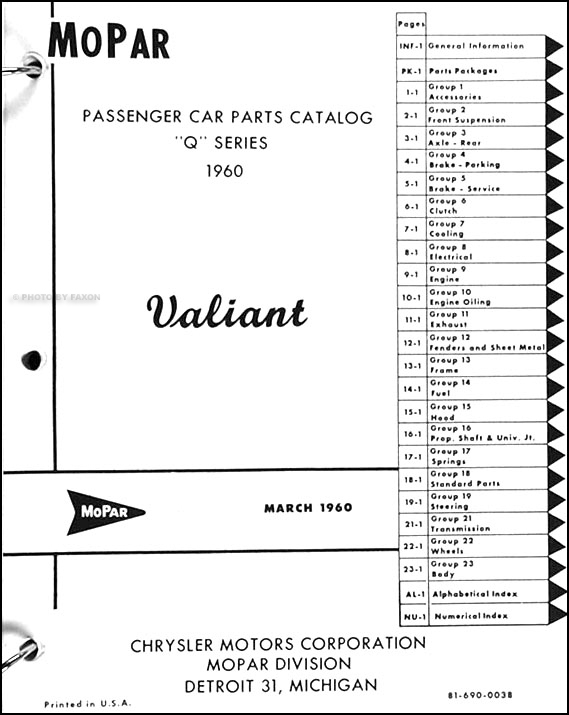 1960 Plymouth Valiant Parts Book Original 