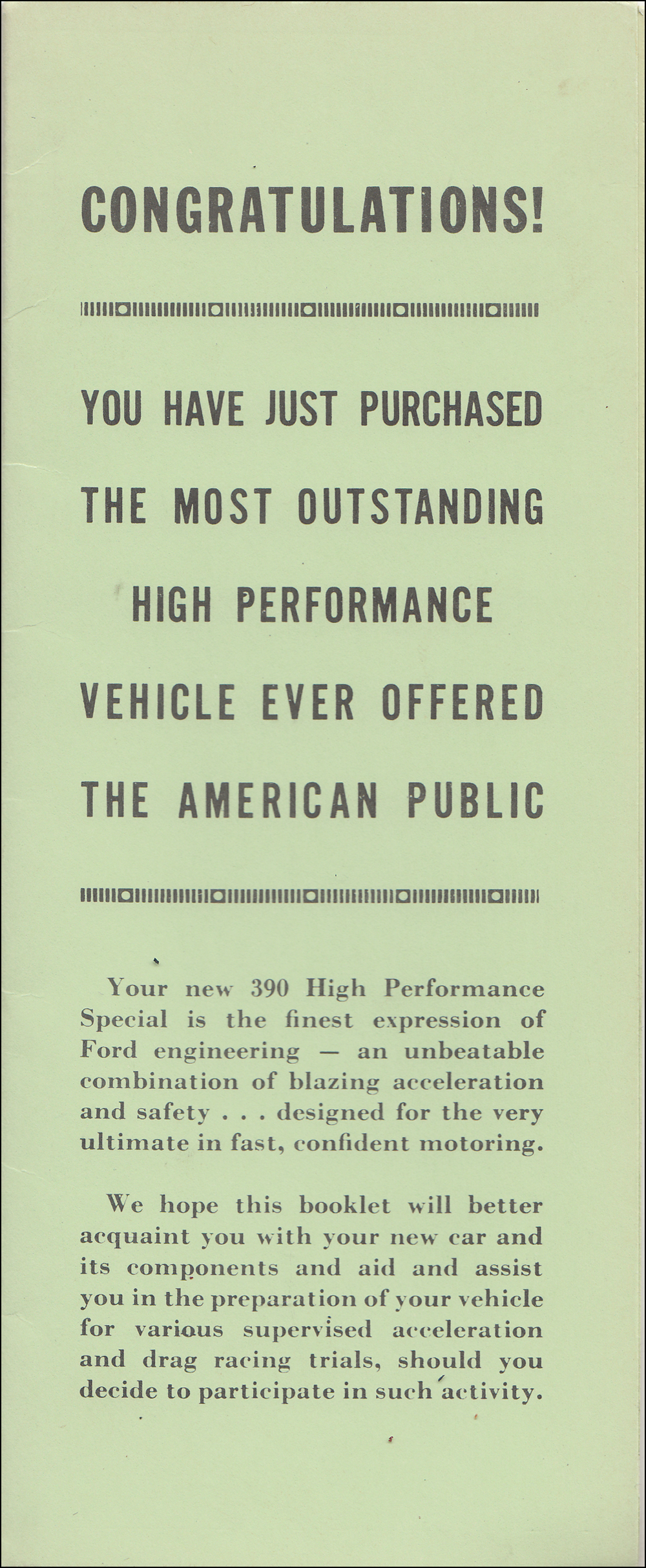 1961 Ford 390 High-Performance Engine Owner's Manual Reprint Supplement