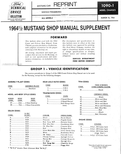 1964 1/2 Ford Mustang Supplement Repair Manual Reprint