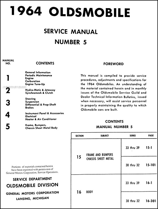 1964 Oldsmobile Shop Manuell Set Super Dynamic 88 98 Starfire Service Alt Repair 