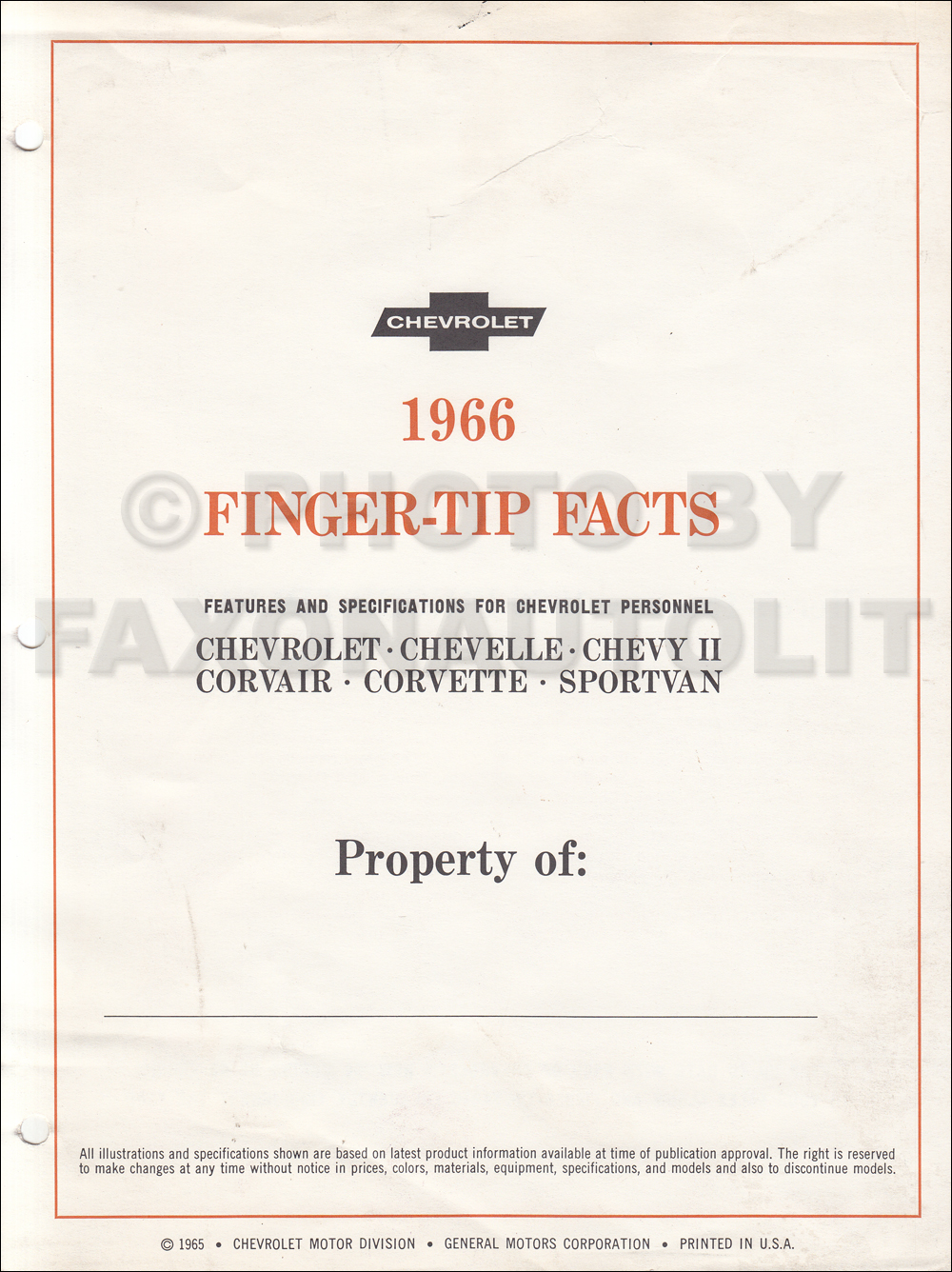 1966 Chevrolet Car Finger Tip Facts Book Dealer Album Original