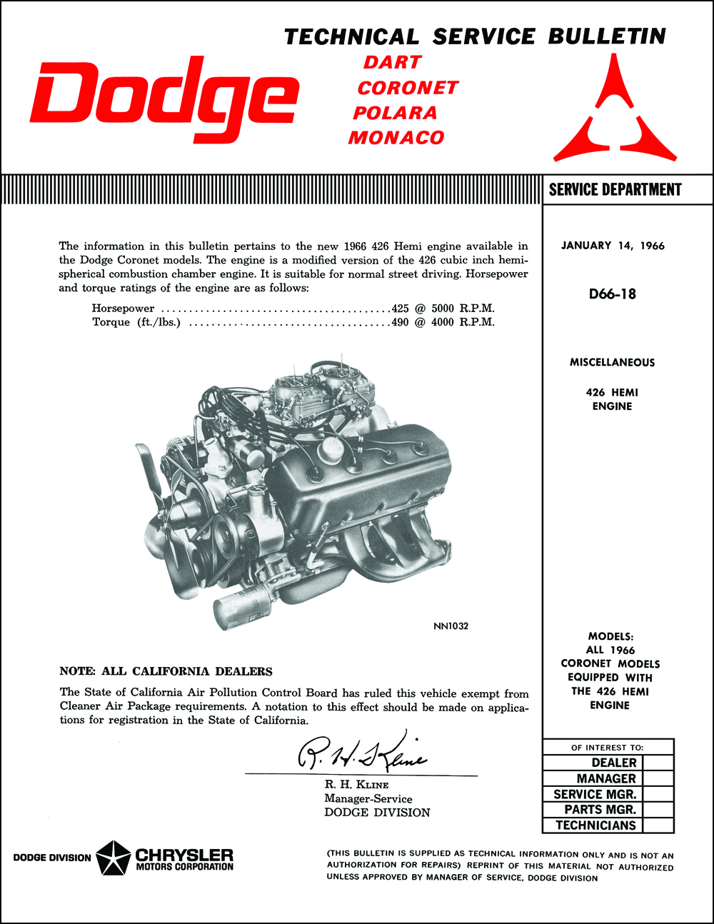 1966 Dodge Hemi Engine Shop Manual Reprint Supplement