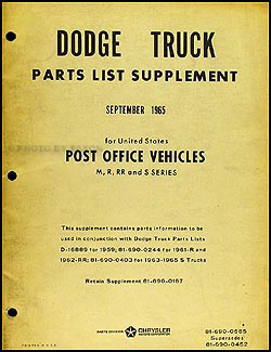 1959-1965 Dodge Post Office Vehicles Parts Book Original Supplement