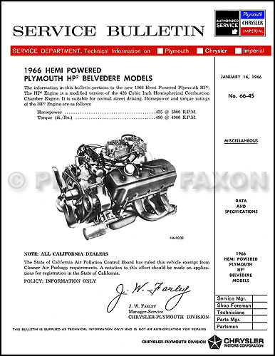 1966 Plymouth Belvedere 426 Hemi HP2 Engine Service Manual Reprint