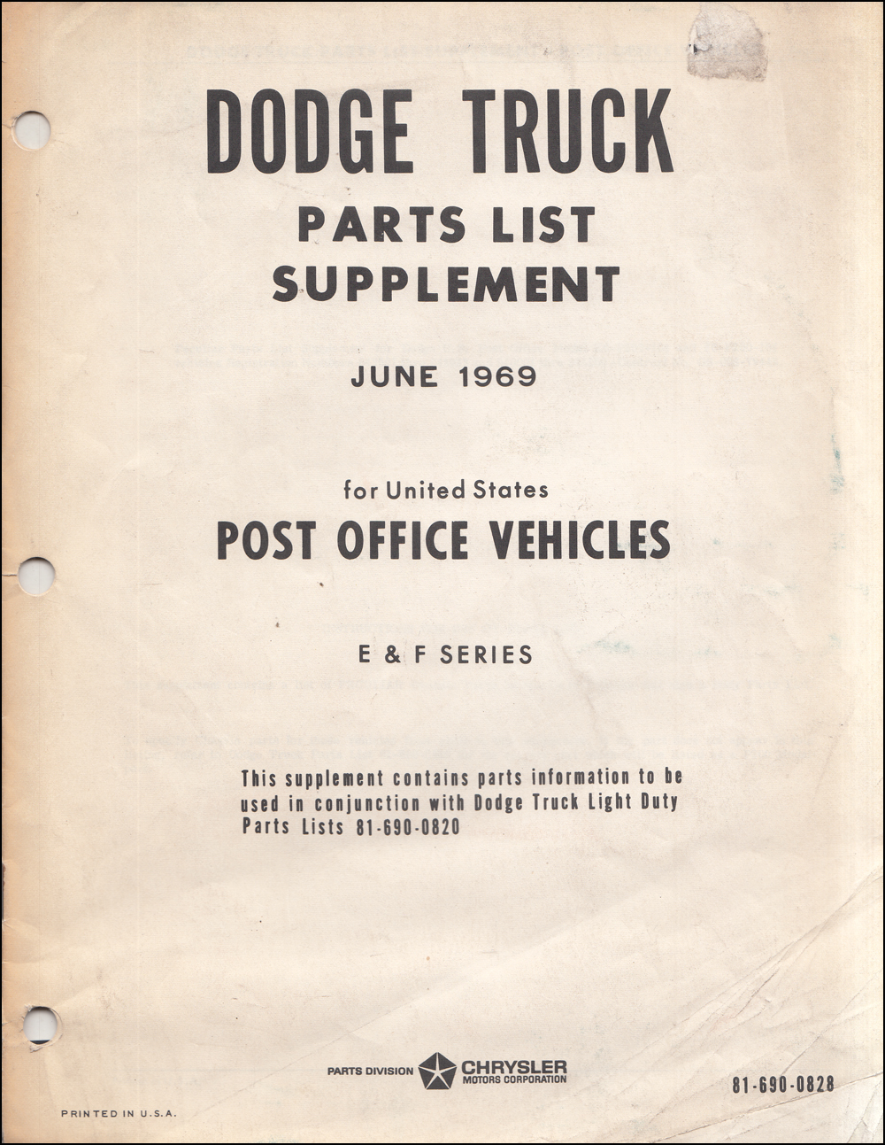 1969 Dodge Truck P200 Post Office Vehicles Parts List Supplement with Gerstenslager body