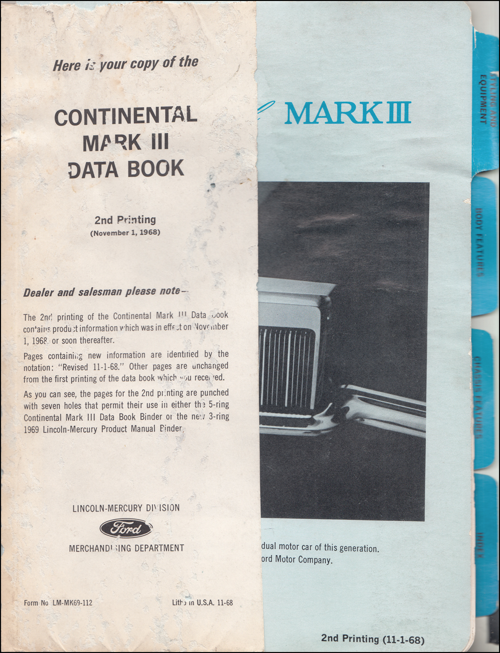 1969 Lincoln Continental Mark III Data Book Original