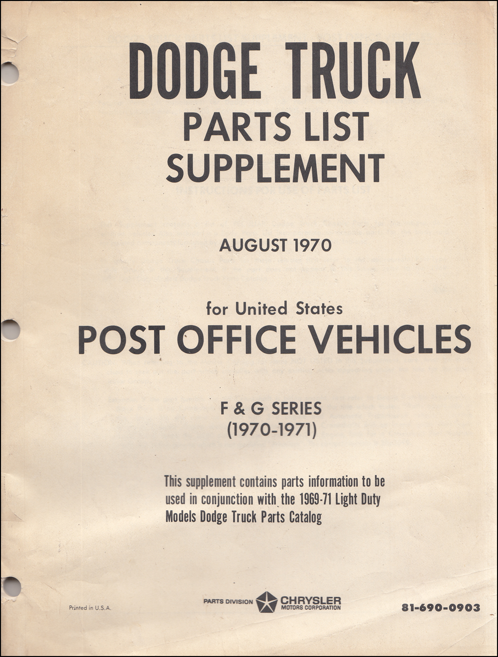 1970-1971 Dodge Truck Post Office Vehicles Parts List Supplement for G4/G-400 with Wayne body